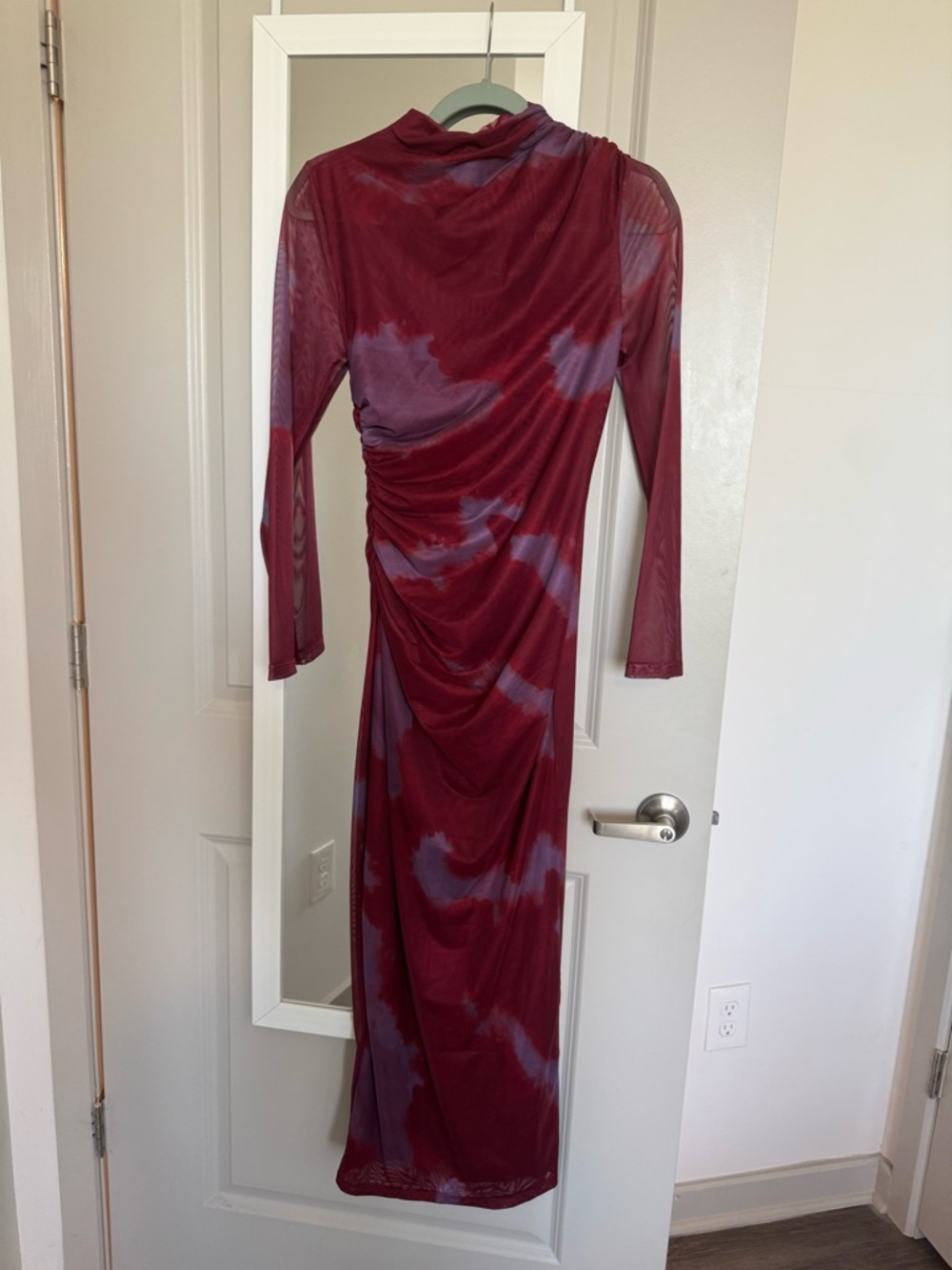 SHEIN Burgundy and Slate Tie-Dye Long Sleeve Ruched Midi Dress